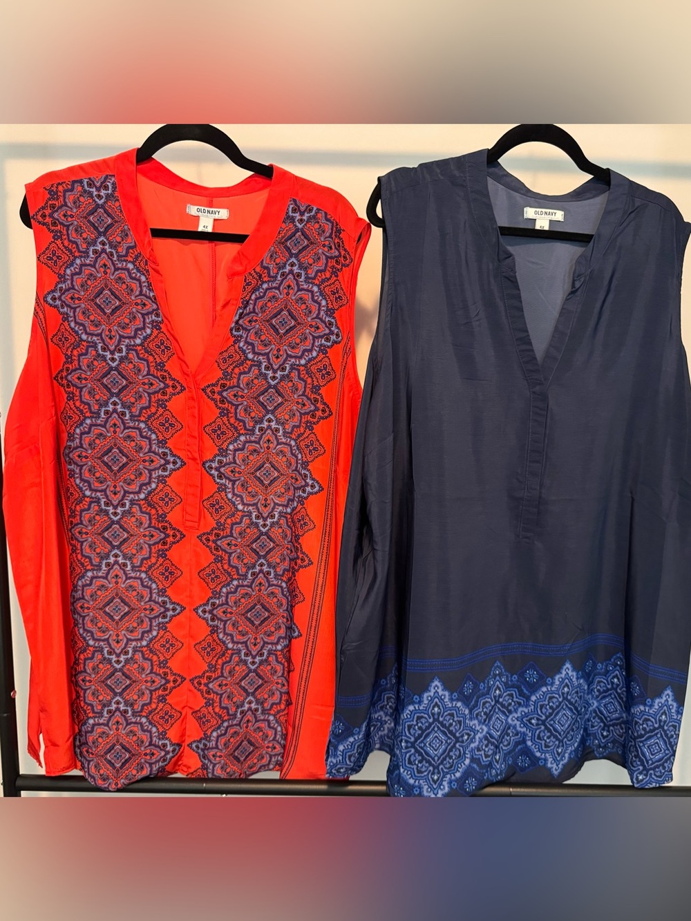 TWO Old Navy Red and Navy Printed Sleeveless Tunic Tops
